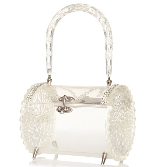 Handbags - Vintage 1950s Clear carved lucite barrel Purse